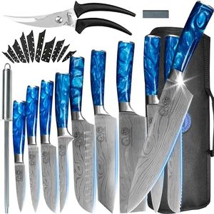 Juego de cuchillos de chef profesional xyj, paquete de cuchillos de chef, caso, tijeras, cuchillo de carnicero de cocina, Corte culinario, patrón láser de damasco, acero inoxidable (azul)