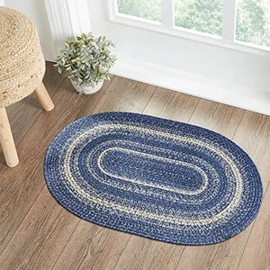 VHC Brands Great Falls, Braided Jute Rug, Non-Skid Pad, Door Mat, Oval, Blue, 24x37