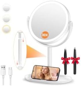 Auxmir 30X/1X Magnifying Makeup Mirror with Lights, Rechargeable, White | 64 LEDs, 3 Color Modes, Stepless Dimming, Dual Touch Control, 2000mAh Battery and 360° Rotation, Detachable Design for Travel