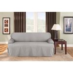 SureFit Cotton Duck Sofa T-Cushion One Piece Slipcover, Couch Cover, Relaxed Woven Fit, 100% Cotton, Machine Washable,Grey