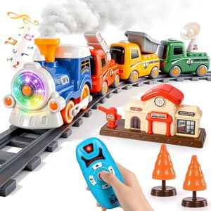 Arscniek Remote Control Steam Train Set for Kids Ages 3-8, Electric Toy Train with Realistic Steam, Lights & Music, DIY Track Building, Magnetic Cars, Railway Playset, Toddler Toys Gift for Boys Girls