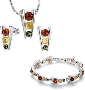 Copal Women's Amber Jewellery Set 3-Piece Real Silver Colourful Pendant Length Adjustable Jewellery Case Gift Best Friend, Amber, Amber, amber jewellery set