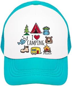 JP DOoDLES Outdoor Camping -Lake Life- Hat Kids Trucker Hat. Baseball Mesh Back Cap fits Baby, Toddler and Youth, Camp Teal, 5-7 Years