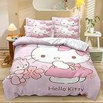 Megeane The Girls Hello Cat Theme Bedding Set Cartoon Cat Comforter Cover Set Kawaii 3D Kitty Flowers Printed Duvet Cover Set Lovely Kitten Bedding Set for Boys Girls Teens Children (A7,Twin)