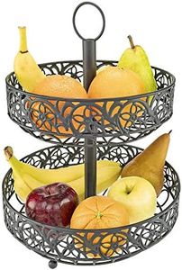 Southern Homewares Countertop Ornate Black Metal Two Tiered Fruit Basket Decorative Shabby Chic Floral Metal Hanging Loop