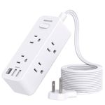 Flat Plug Power Bar, 5 Ft Ultra Thin Flat Extension Cord, 6 Outlets 3 USB Ports(1 USB C) Desk Charging Station, Power Strip Surge Protector for Travel, Home, Dorm Room Essentials