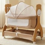 R for Rabbit Lullabies Woodsy 2 in 1 Manual Swing Wooden Cradle Newborn Baby Convertible Cot Bassinet with Mosquito Net, Lockable Wheels & Storage Space for Kids 0-12 Months, Upto 12 Kg (Beige)