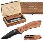 Gifts for Dad Men, Birthday Gifts ideas for Dad From Daughter Son Kids, WORLD BEST DAD Pocket Knife, Engraved Wood Knife Wood Box, Unique Outdoor Camping Hunting Hiking Fishing Tools Present