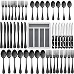 49-Piece Black Silverware Set with Flatware Drawer Organizer, HaWare Stainless Steel Cutlery Set with 8 Steak Knives, Modern Eating Utensils Tableware Service for 8, Mirror Polished, Dishwasher Safe