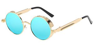 BOZEVON Punk Round Sunglasses - Classical Metal Cycling Retro Sunglasses For Women & Men Gold-Blue