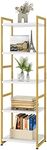 finetones 5 Tier Corner Shelf, Narrow Bookshelf Gold with Metal Frame, Modern Display Storage Organizer for Bedroom Living Room Home Office, White and Gold