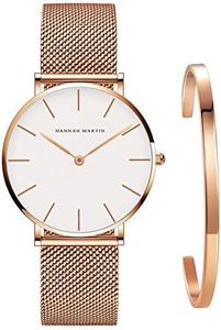 Kubagom Très Mince Montre pour Femme Quartz Étanche Acier Inoxydable avec Bracelet (Surface Blanche, Ceinture Doré Rose，Bracelet Doré Rose)