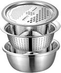Modinity 3 in 1 Stainless Steel Drain Basket Vegetable Cutter Cheese Grater Vegetable Fruit Rice Food Washing Bowl Strainer. (Set of 1)(Color:Silver)