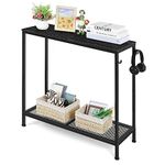 YBING Console Table Black Entryway Table Industrial 2-Tier Sofa Table with Mesh Shelf Small Entrance Table with Hooks for Entryway Living Room Bedroom Foyer Hallway Office