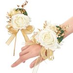 PALAY® 2pcs Wrist Corsage and Boutonniere Set, Wedding Bridesmaids Artificial Hand Flower Corsage for Women, Handmade Men Groomsmen Boutonniere Set for Bridal Shower Party Prom Suit Decorations