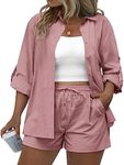 IN'VOLAND Women's Plus Size 2 Piece Outfits Cotton Linen Shirt and Drawstring Shorts Set Summer Casual Tracksuits 2023