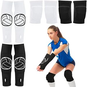 Sosation 2 Set Volleyball Knee Pads and Arm Sleeves with Protection Pad Compression Forearm Wrist Guard Thumb Hole Soft Breathable for Women Kids Girls Youth Hitting Passing (Black, White)