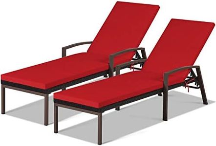 Costway 2PCS Patio Rattan Chaise Lounge Chair, Outdoor Reclining Chaise with Cushion & Armrest, Wicker Sun Loungers with Adjustable Backrest for Garden, Balcony, Poolside (Red)