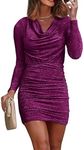 PRETTYGARDEN Women's Fall Bodycon Mini Dress Sparkly Long Sleeve Cowl Neck Ruched Short Club Cocktail Wedding Guest Dresses (Rose Red,X-Large)