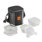 CELLO Glassy Mix Lunch Box Set of 3 | Microwavable Borosilicate Glass | Leak Proof Design | Tiffin for Office/School/College |Clear