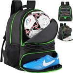 Soccer Ball Bag Backpack for Men Women with Ball & Shoes Compartment 32L Capacity Lightweight Breathable Boys Girls Basketball Bag Backpack Fit Volleyball Football Sports Travel School Gym Green Edge