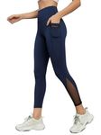 BLINKIN Gym wear Mesh Leggings Workout Pants with Side Pockets/Stretchable Tights/Highwaist Sports Fitness Yoga Track Pants for Women & Girls_2012 (Color_Navy Blue,Size_M)