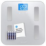 Digital Body Fat Weight Scale by GreaterGoods, Accurate Health Metrics, Body Composition & Weight Measurements, Glass Top, with Large Backlit Display (Silver)