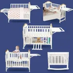 Flwrgirl Portable Mini Baby Crib - Cunas para Bebes 4 en 1 Modernas with Foldable Storage Shelf and Mattress Included,2024 Small Wood Baby Beside Cribs 4 in 1 Convertible,White