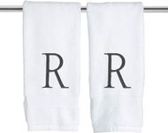 White and Black Monogrammed Hand Towel - Monogram Initial Hotel Quality Decorative Embroidered Luxury Towel for Powder Room, Spa - GOTS Organic Certified - Set of 2 Letter R