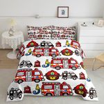 Fire Truck Comforter Set Kids Cartoon Car Comforter for Boys Firefighter Bedding Set Breathable Firemen Car Vehicle Fire Engine Cute Bear Duvet Set Room Decor Quilt Set Full Size