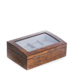 Bey-Berk BB680BRL Lacquered Brown Burl Wood 8 Watch Case with Glass Top and Stainless Accents. Soft Velour Lined with Hideaway Hinges,