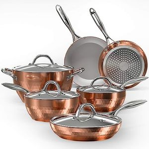 COOKSMARK Set da 10 pentole in ceramica antiaderente a induzione, resistenti ai graffi, con coperchi, lavabili in lavastoviglie, adatte al forno, rame