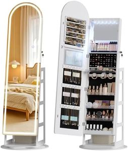 LVSOMT LED Arched Mirror Jewelry Cabinet Standing, Lockable Jewelry Armoire