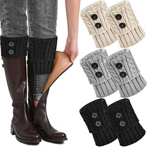 beifon 3 Pares Calentadores Piernas Mujer Calcetines de Punto Invierno Tejidos Cálidos Botón Calientapiernas Cortas Ganchillo Cubierta(Negro/Gris/Beige)