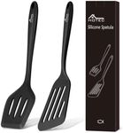 Hotec 2 pieces Food grade Silicone Slotted Fish Turner Spatula Set Kitchen Utensils for Baking, Cooking Heat Resistant Non Stick Cookware Strong Stainless Steel Core Inside Dishwasher Safe … (Black)