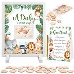 65 Pieces Woodland Baby Shower Guest Book Alternative Set 60 Pieces safari animals Token Baby Shower Sign in Guest Book Baby Keepsake Signature Book Picture Frame with Wooden Stand Storage Bag and Pen