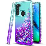 STARSHOP Samsung Galaxy A21 Phone Case, with [Tempered Glass Screen Protector Included] Liquid Bling Sparkle Floating Glitter Quicksand Diamond Phone Case Girls Women Cute -Aqua/Purple