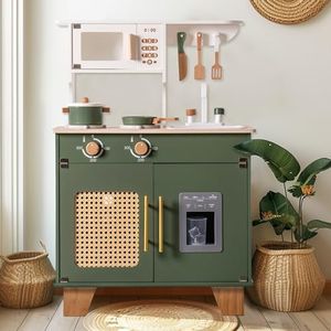 ROBOTIME Play Kitchen with Pretend Ice Cube Dispenser for Toddler, Wooden Kids Kitchen Play Set, Toy Kitchen Set for Kids Age 3 4 5 6 (Vintage Green)