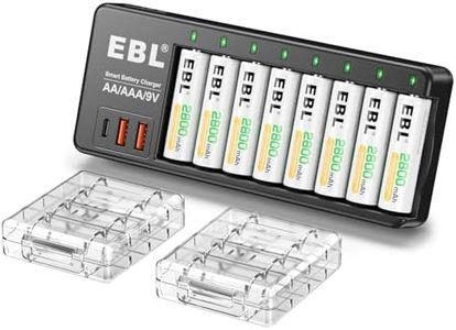 EBL Rechargeable AA Batteries with Charger, 2800mAh Double A Rechargeable Batteries 8 Pack with AA AAA 9V Individual Battery Charger Built-in 2 USB-A & 1 USB-C Charging Ports