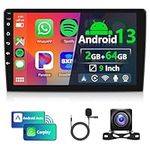 Hodozzy 2G+64G Android 13 Double Din Car Stereo,9 Inch HD Touchscreen Wireless Carplay Android Auto Car Radio with GPS Navigation,WiFi,Bluetooth,FM/RDS, HiFi,Backup Camera,Split Screen,SWC + Mic