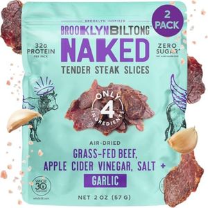 Brooklyn Biltong Steakhouse, Garlic Naked Tender Slices (2oz, Pack of 2), Grass Fed Beef Protein Snacks, 32g Grass Fed Protein Per Pack, Beef Jerky Alternative – Sugar Free, Gluten Free, Paleo Snacks, Keto