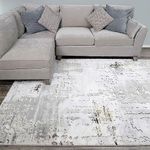 Designer Abstract Silver Grey Painterly Living Room Rug Gold Metallic Dense Super Soft Light Grey Lounge Bedroom Area Rugs 1240cm x 330cm