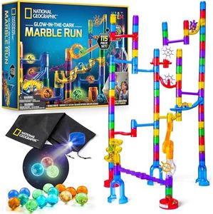 NATIONAL GEOGRAPHIC Glowing Marble Run – 115 Piece Construction Set with 25 Glow in The Dark Glass Marbles, Storage Bag, Great Creative STEM Toy for Girls and Boys