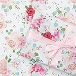 Wedding Wrapping Paper and Ribbon Set for Girls Women, 4 Folded Sheets Pretty Pink Red Rose Floral Bridal Shower Engagement Wedding Gift Wrap - Mother's Day Birthday Party Anniversary All Occasions