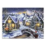 BANBERRY DESIGNS LED Christmas Canvas Print Snowy Village - Santa on a Horse Drawn Sleigh - Red Cardinals -16" x 12" - Battery Operated