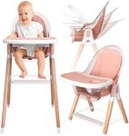 Children of Design 6 in 1 Deluxe Wooden High Chair for Babies & Toddlers Modern Safe Compact Baby Highchair, Easy to Clean, Removable Tray & Cushion, 6 Options 3 Seat Positions 2 Heights (Pink)