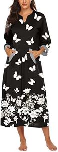 Ekouaer Women Zipper Robe 3/4 Sleeves Loungewear Dress Full Length Sleepwear Pockets Housecoat Nightgown Long Bathrobe, Style 1-pat10, Small