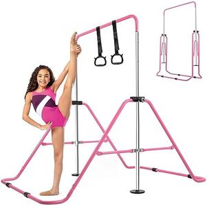 YEEGO DIRECT Gymnastics Bar with Rings, Gymnastics Bar for Kids Ages 6-12, Foldable Gymnastics Bar, Kids Gymnastics Bar Expandable for Home Training（Pink）