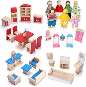 Dollhouse Furniture Wooden Doll House Furnisher 5 Set and 7 Family Dolls, Doll Wood Accessories and Furnishings for 1:12 Scale Miniature Dollhouse, Family Figures Pretend Play Toy