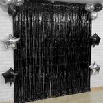 KatchOn, Shiny Black Backdrop Curtain - 3.2x6.5 Feet, Pack of 2 | Black Streamers for Black Birthday Decorations | Black Fringe, Black Curtain Backdrop | Halloween Backdrop for Halloween Decorations